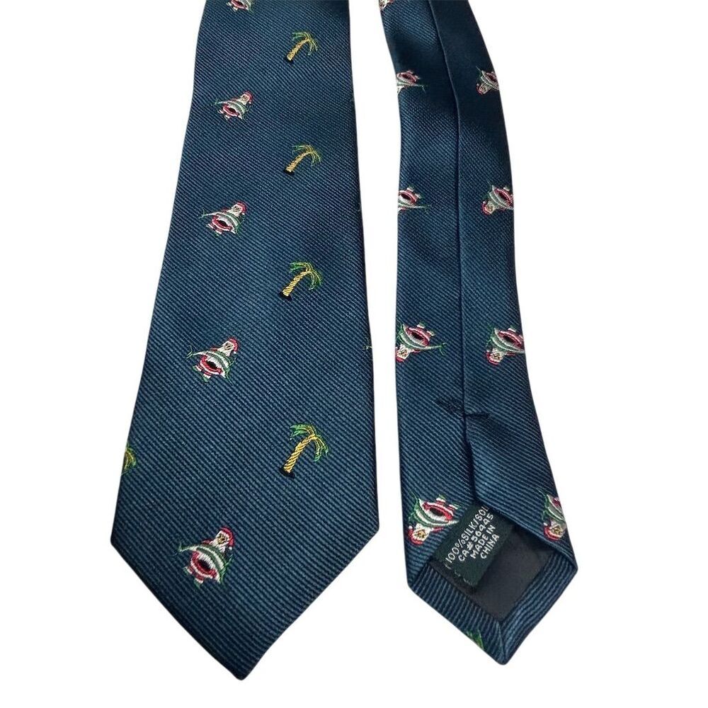 J.Crew Men's Silk Christmas Tie Blue Santa Palm Tree‎ Holiday Theme